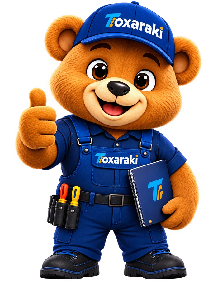 Toxaraki, o ursinho mascote da marca, fazendo joinha e segurando um tablet